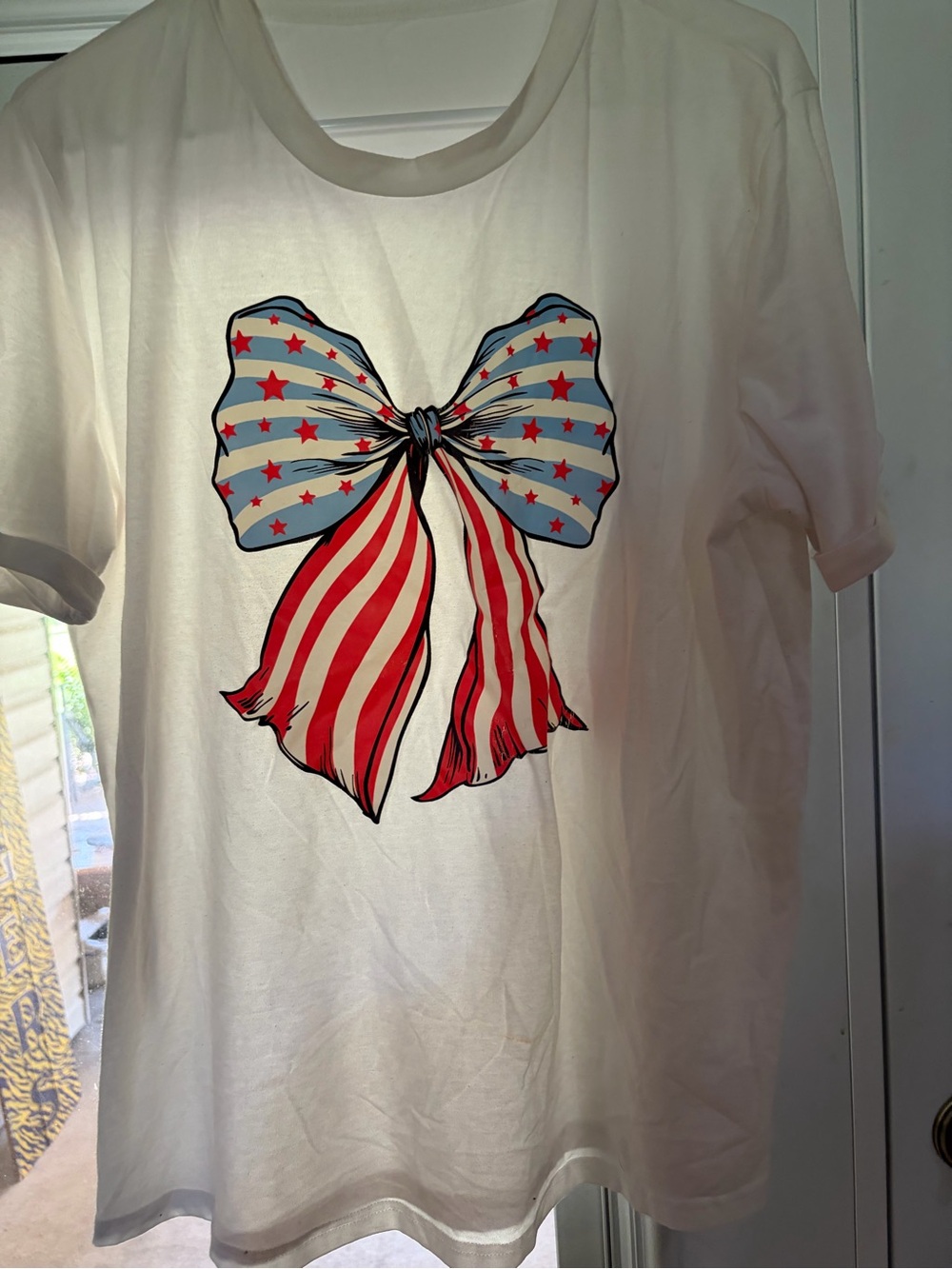 Vibrant White Short Sleeve Tee with Red & Blue Patriotic Bow